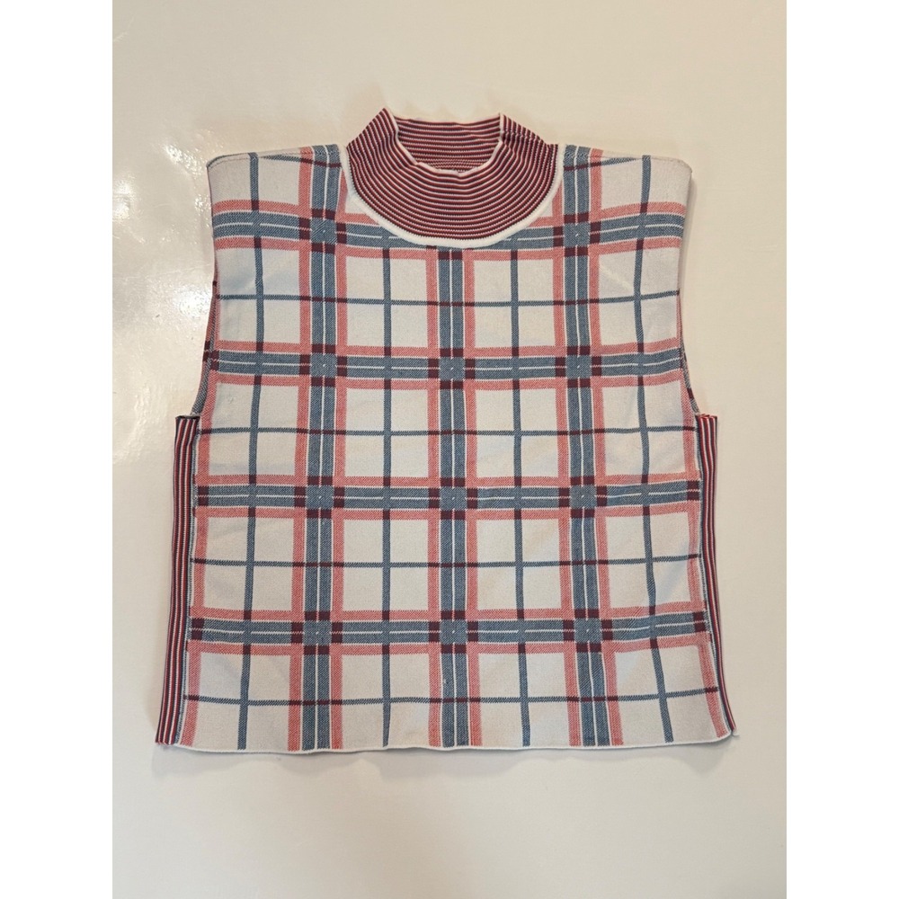 Veronica Beard size XS Michler Knit Tank blue red plaid mock neck shoulder pads